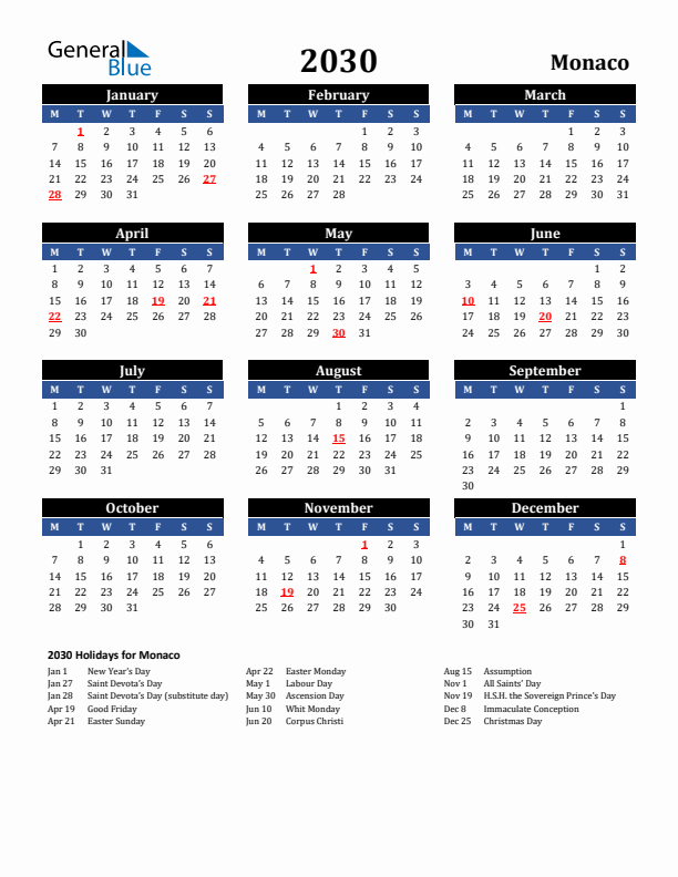 2030 Monaco Holiday Calendar