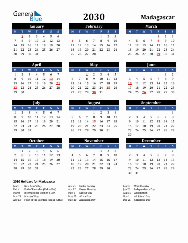 2030 Madagascar Holiday Calendar