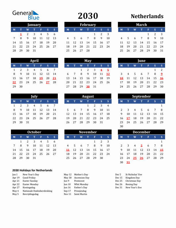 2030 The Netherlands Holiday Calendar
