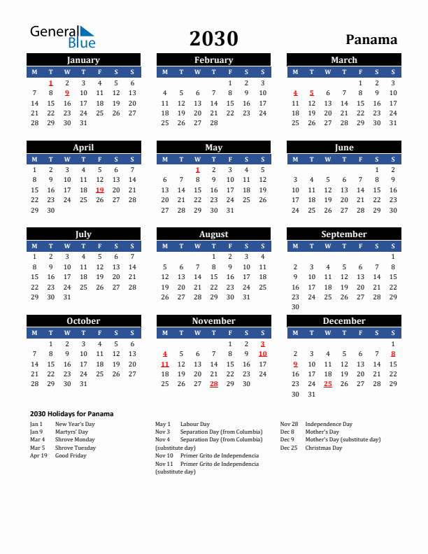 2030 Panama Holiday Calendar