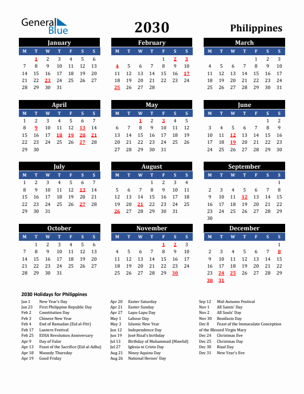 2030 Philippines Holiday Calendar