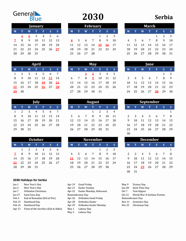 2030 Serbia Holiday Calendar