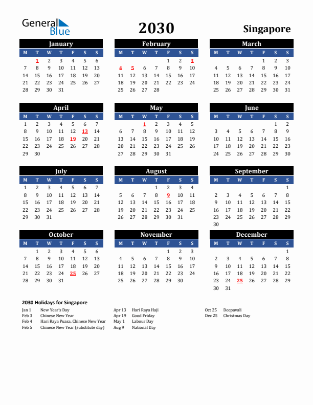 2030 Singapore Holiday Calendar