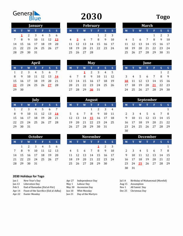2030 Togo Holiday Calendar