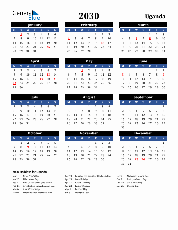 2030 Uganda Holiday Calendar