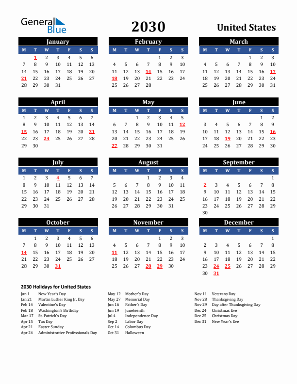 2030 United States Holiday Calendar