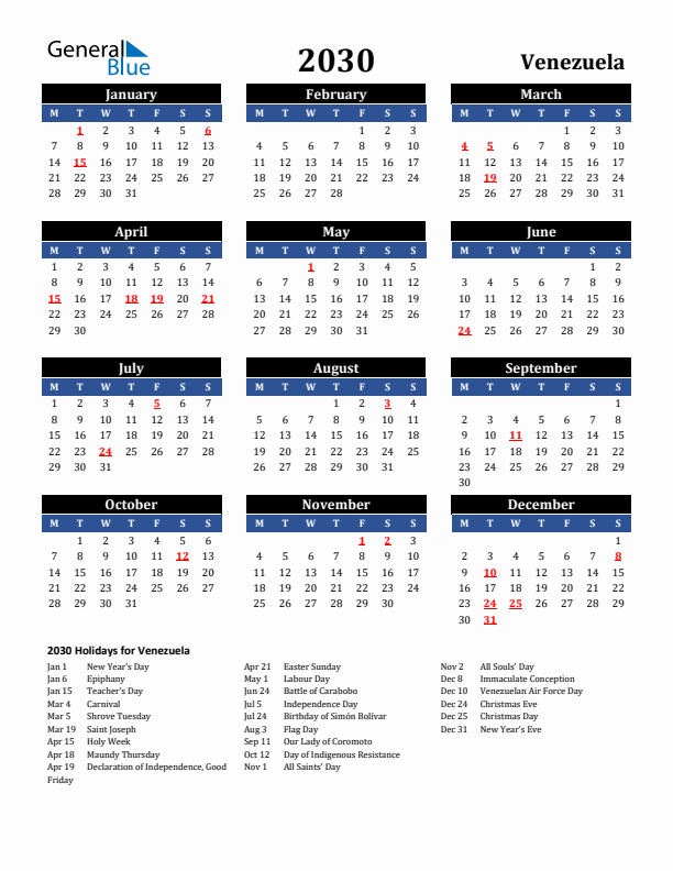 2030 Venezuela Holiday Calendar