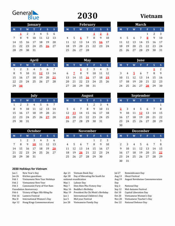 2030 Vietnam Holiday Calendar
