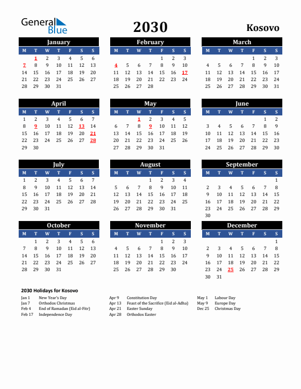 2030 Kosovo Holiday Calendar