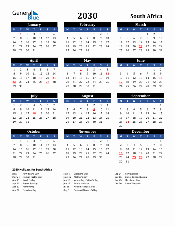 2030 South Africa Holiday Calendar