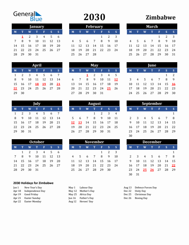 2030 Zimbabwe Holiday Calendar
