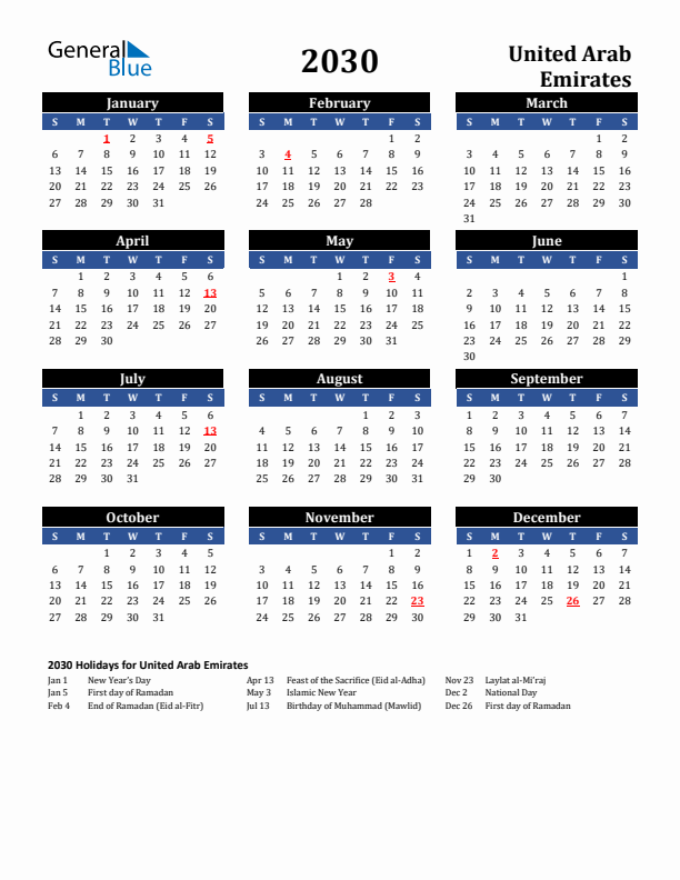 2030 United Arab Emirates Holiday Calendar