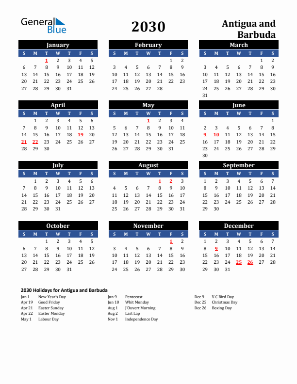 2030 Antigua and Barbuda Holiday Calendar