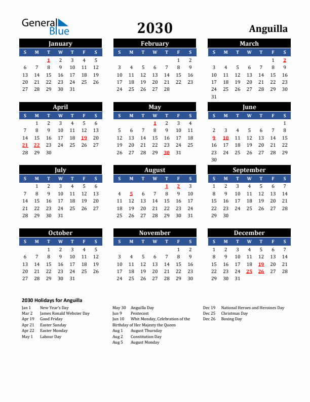 2030 Anguilla Holiday Calendar