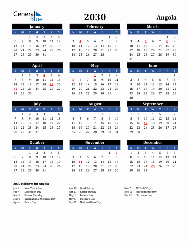 2030 Angola Holiday Calendar