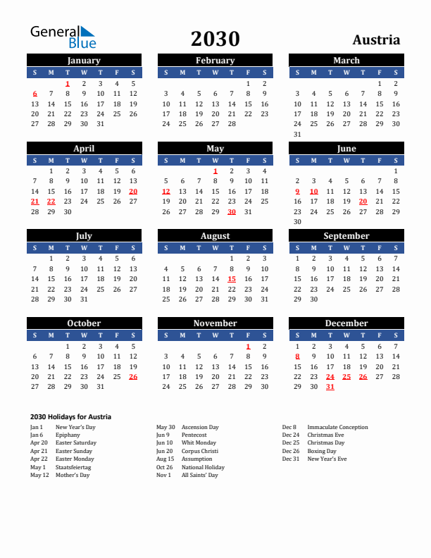 2030 Austria Holiday Calendar