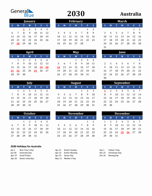 2030 Australia Holiday Calendar