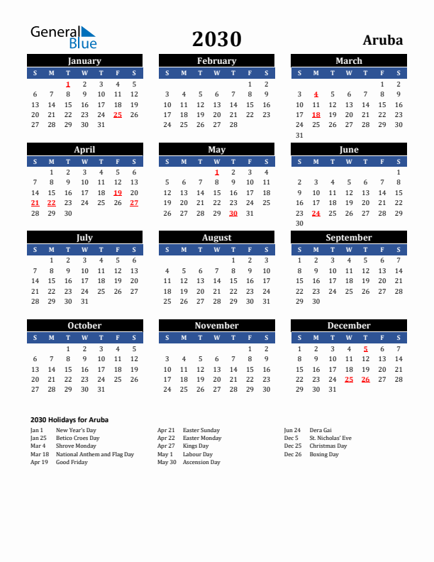 2030 Aruba Holiday Calendar