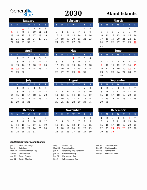 2030 Aland Islands Holiday Calendar