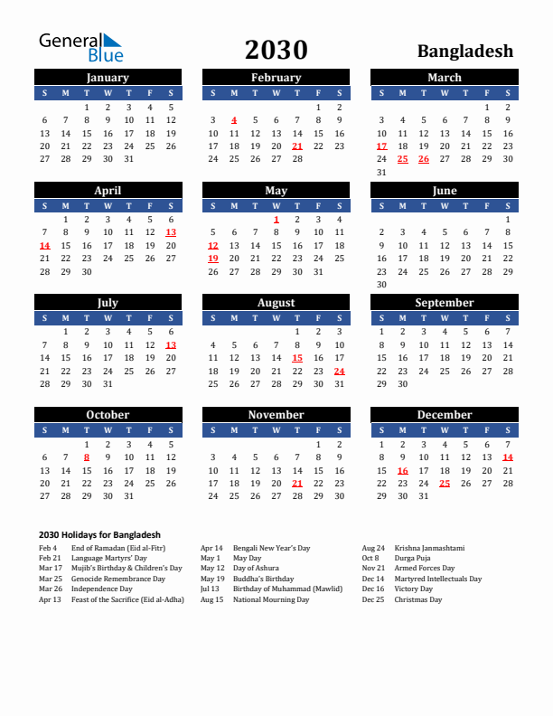 2030 Bangladesh Holiday Calendar