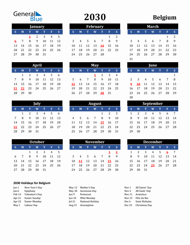 2030 Belgium Holiday Calendar