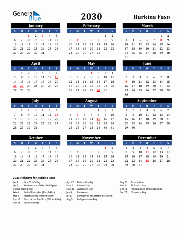 2030 Burkina Faso Holiday Calendar