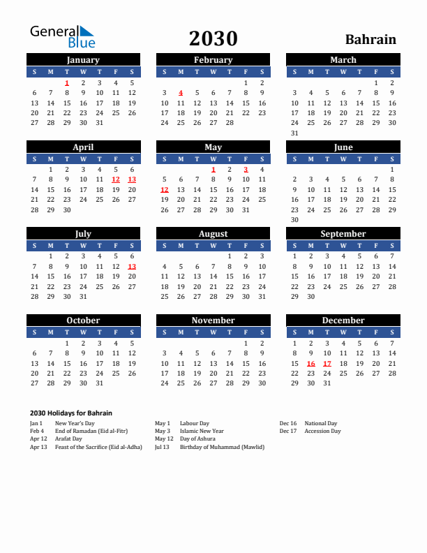 2030 Bahrain Holiday Calendar