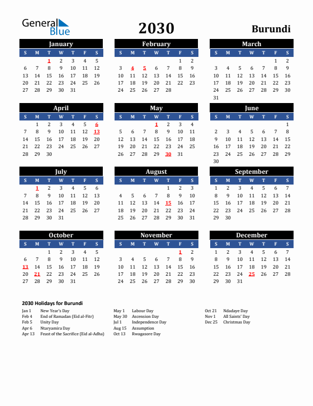 2030 Burundi Holiday Calendar