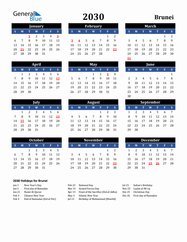2030 Brunei Holiday Calendar