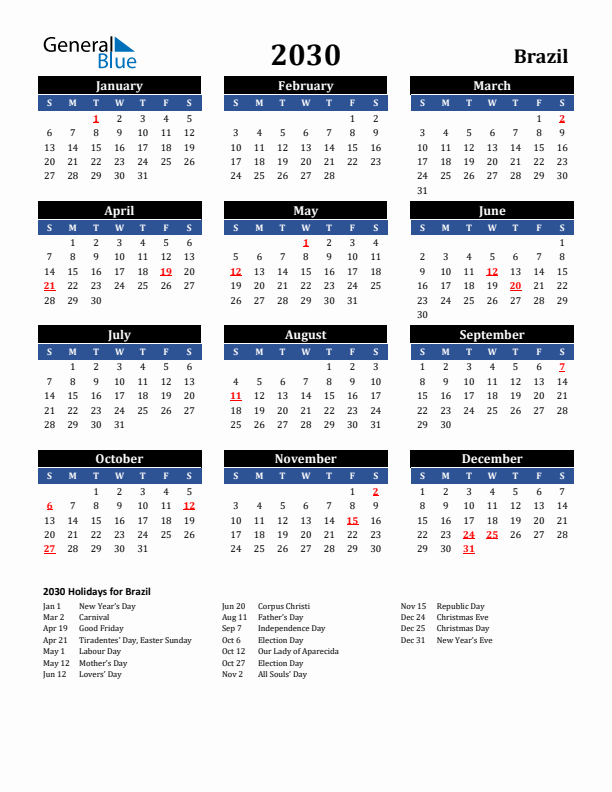 2030 Brazil Holiday Calendar