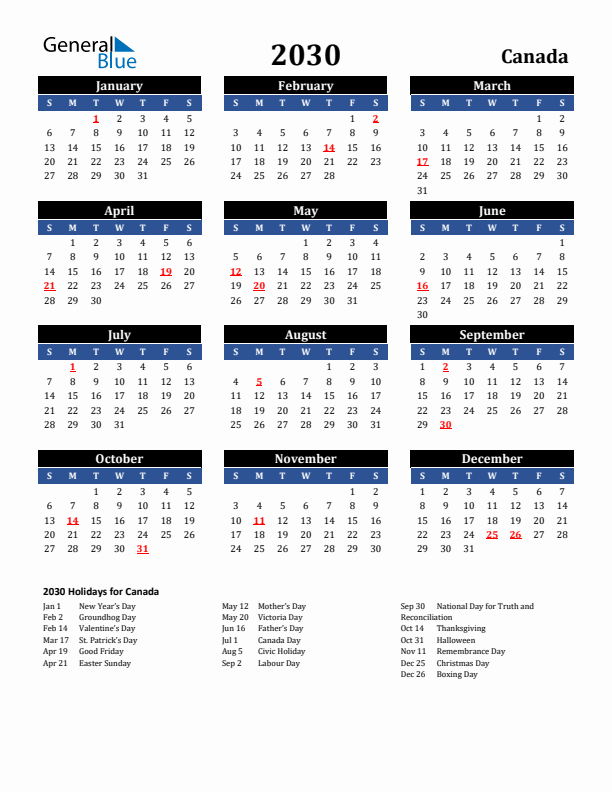2030 Canada Holiday Calendar