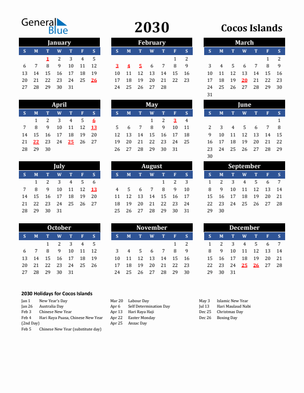 2030 Cocos Islands Holiday Calendar