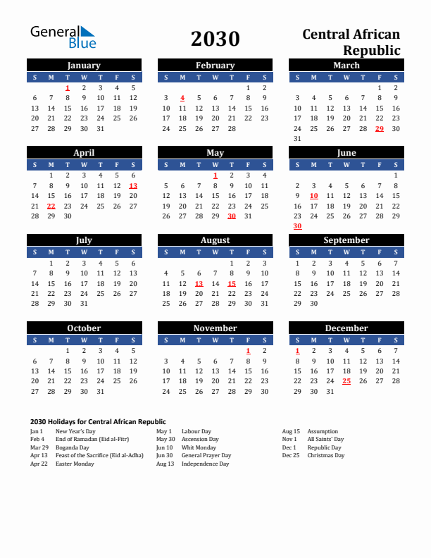 2030 Central African Republic Holiday Calendar