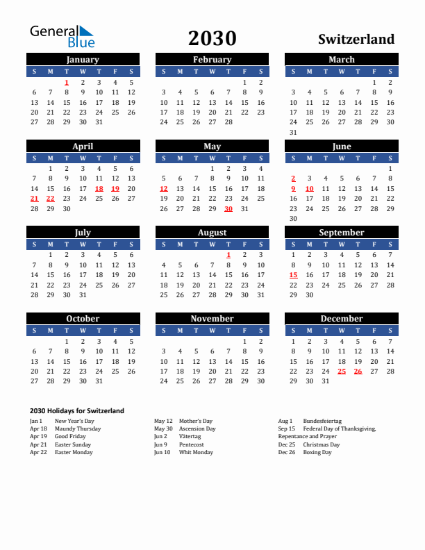 2030 Switzerland Holiday Calendar
