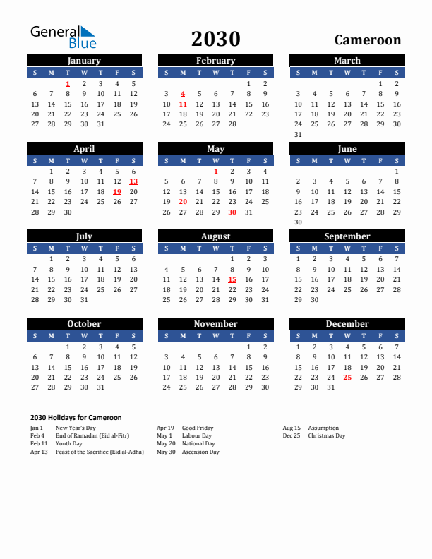 2030 Cameroon Holiday Calendar