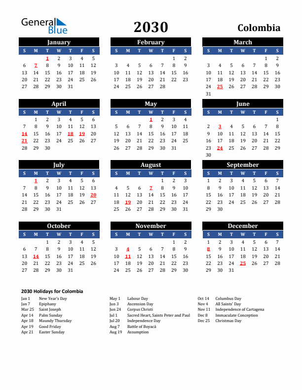 2030 Colombia Holiday Calendar