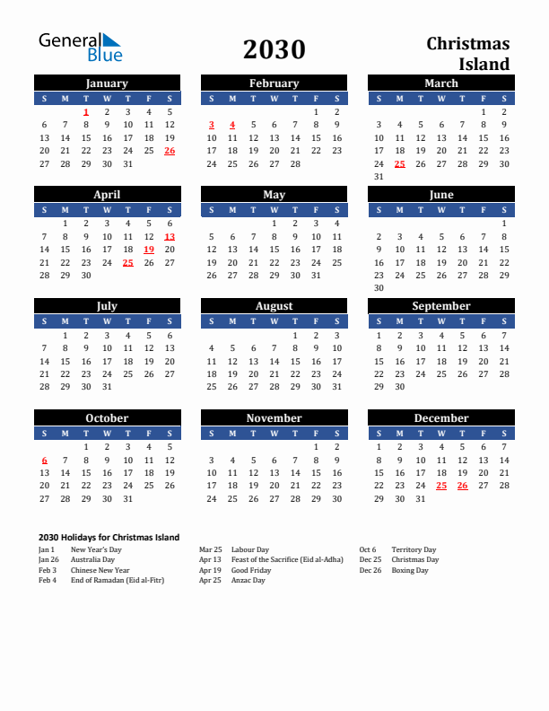 2030 Christmas Island Holiday Calendar