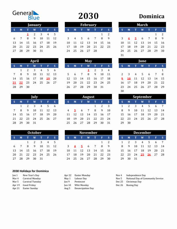 2030 Dominica Holiday Calendar