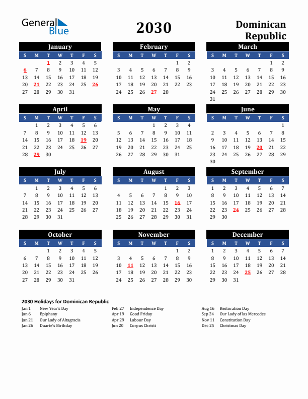 2030 Dominican Republic Holiday Calendar