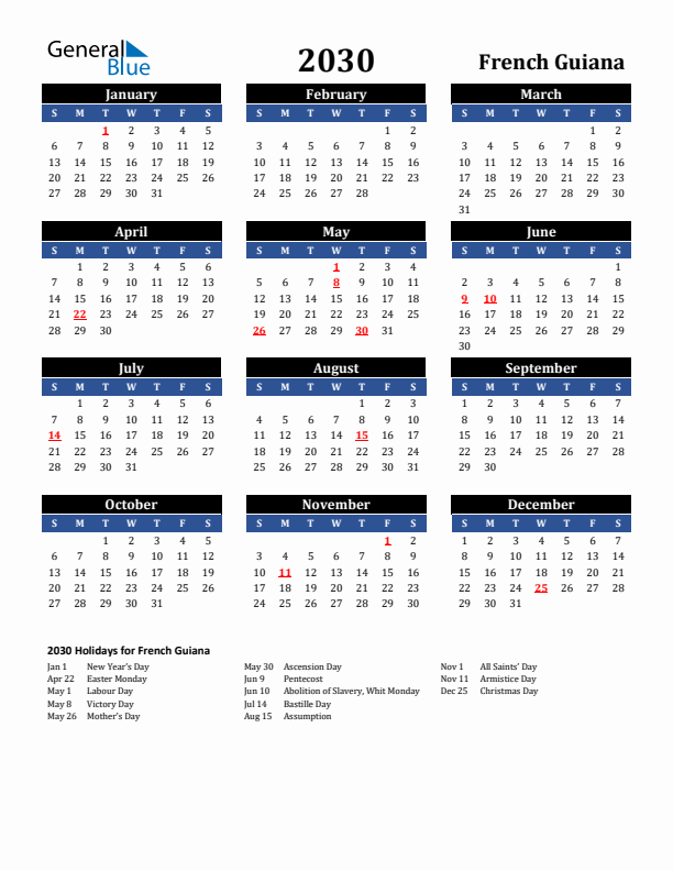 2030 French Guiana Holiday Calendar