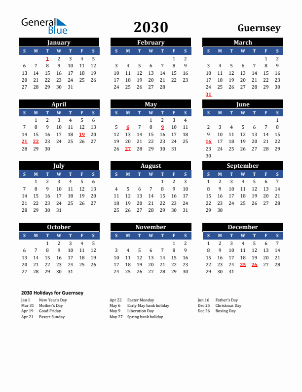 2030 Guernsey Holiday Calendar