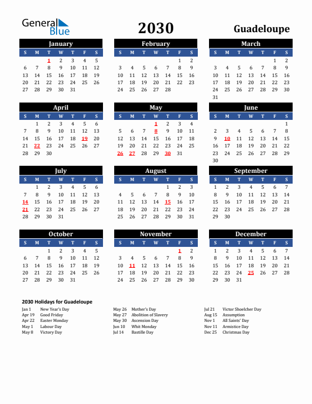 2030 Guadeloupe Holiday Calendar