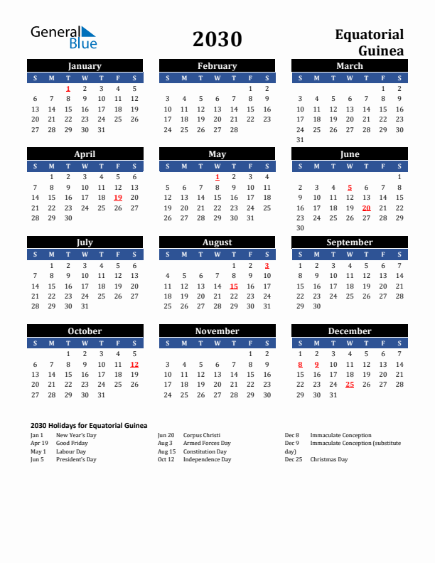 2030 Equatorial Guinea Holiday Calendar
