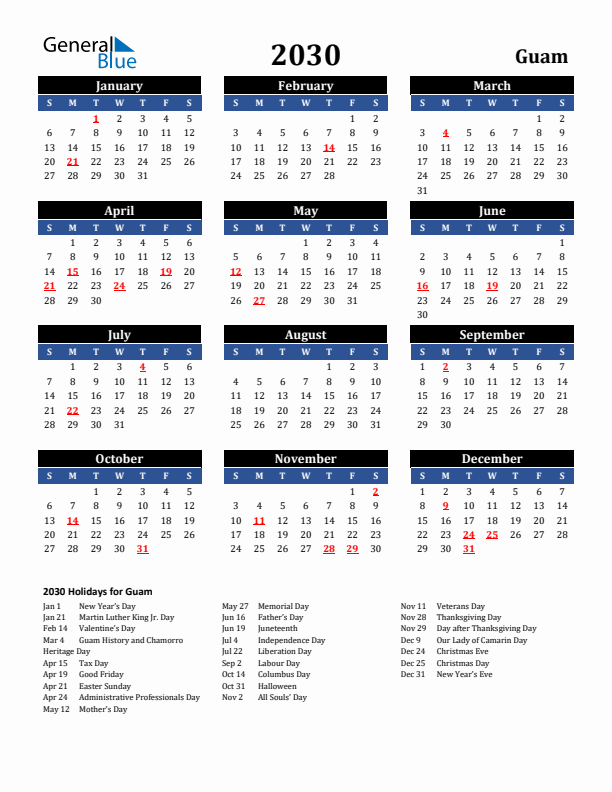 2030 Guam Holiday Calendar