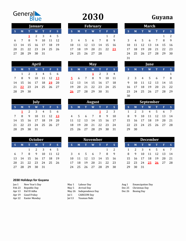 2030 Guyana Holiday Calendar
