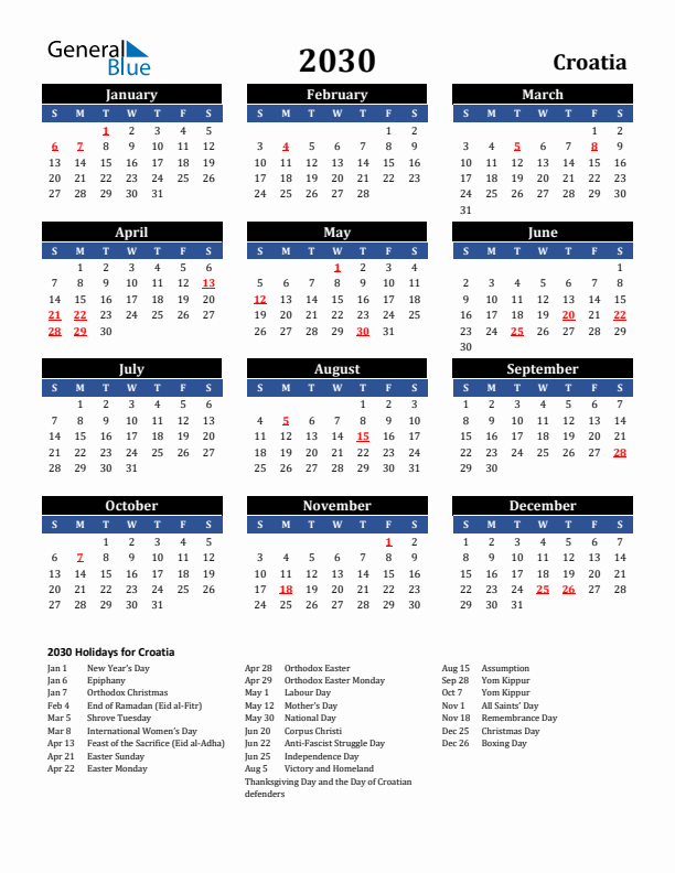 2030 Croatia Holiday Calendar