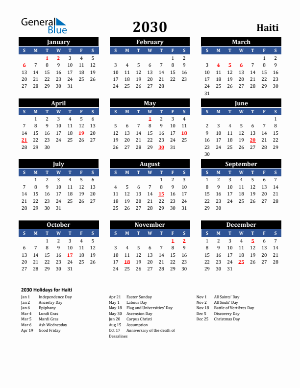 2030 Haiti Holiday Calendar