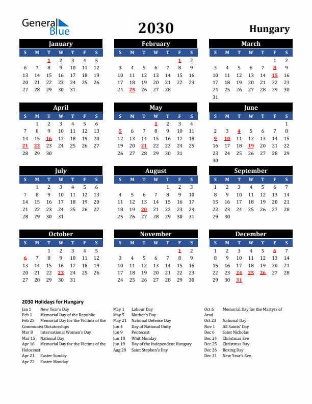 2030 Hungary Holiday Calendar