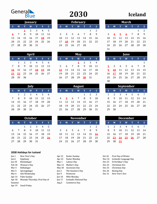 2030 Iceland Holiday Calendar