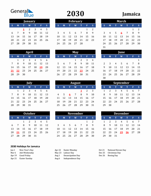 2030 Jamaica Holiday Calendar